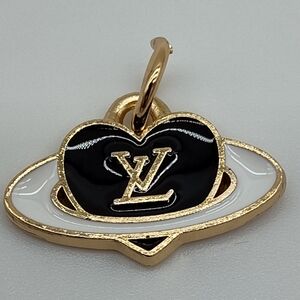 LOUIS VUITTON Black Enamel Saturn Heart Charm Pendant Gold-Tone Stamped
